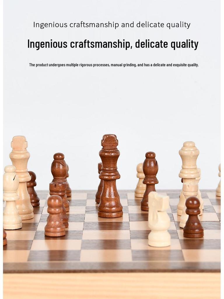 Qi Shou Schackset i massivt trä, hopfällbart och magnetiskt, med bräde i PU-läder