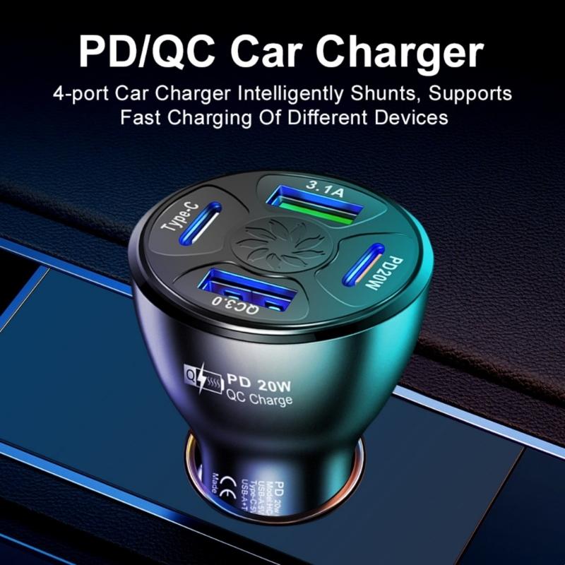 38W USB C Car Charger 4 Port Fast Charging Car Charger Adapter QC3.0 Car USB Charger Multiple Port Adapter for Phone