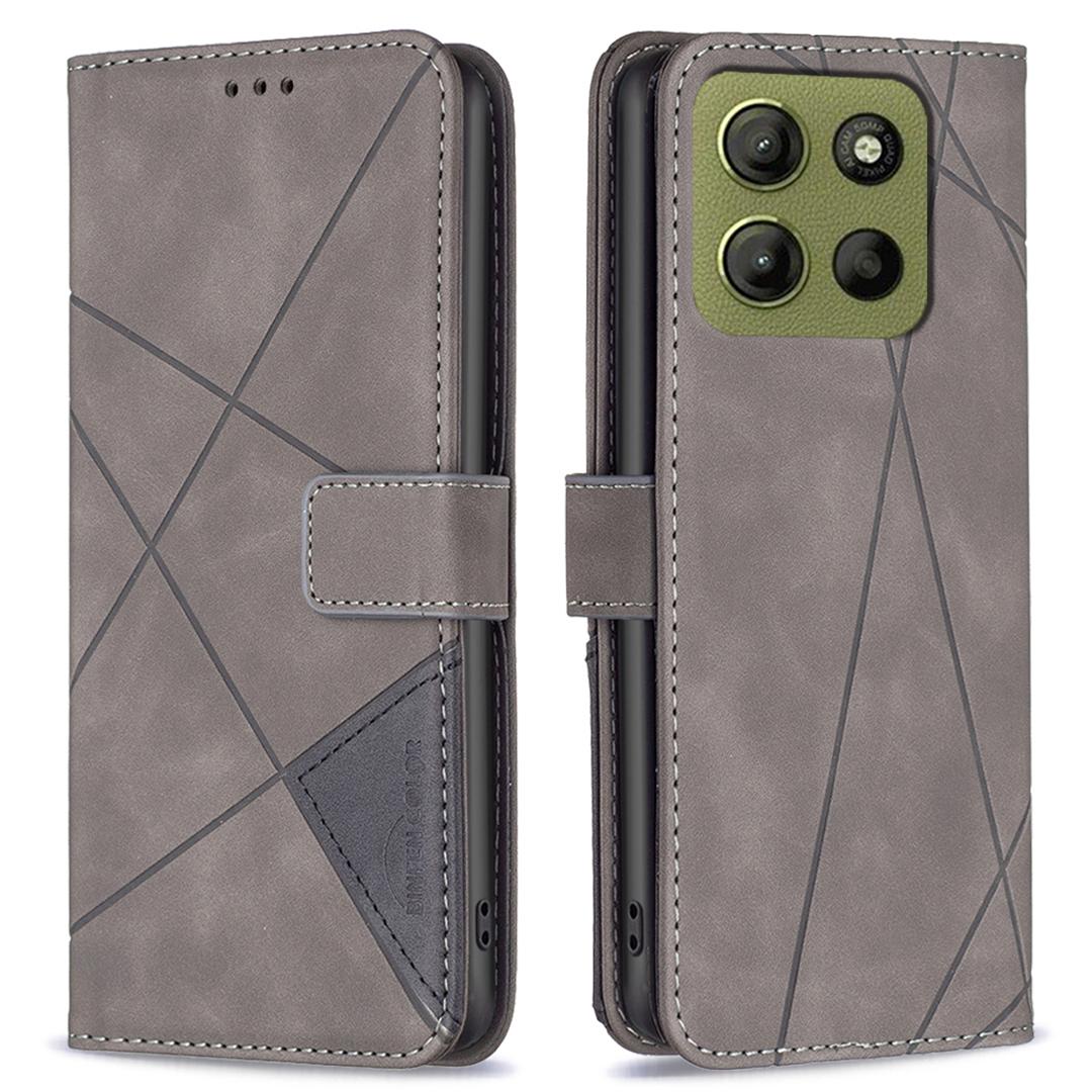

BINFEN COLOR For Motorola Moto G15 4G Phone Cases Wallet Stand Geometry Imprinted Leather Cover Grey