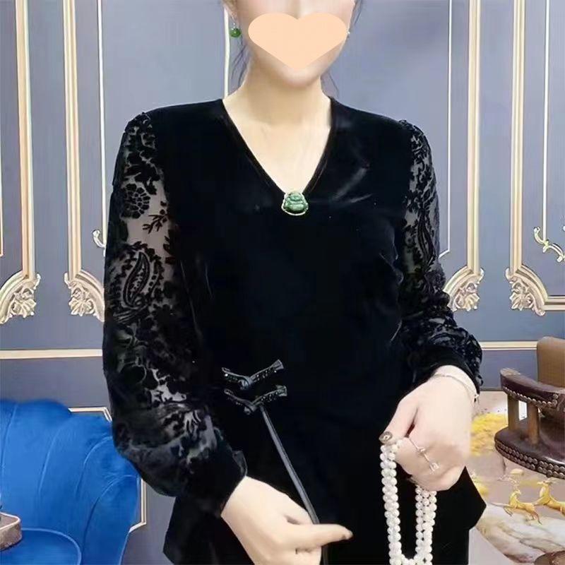 Elderly Mom Base Layer Outerwear Velvet Top Long Sleeve Lace Frog Closure Blouse Slimming Plus Size Side Slit