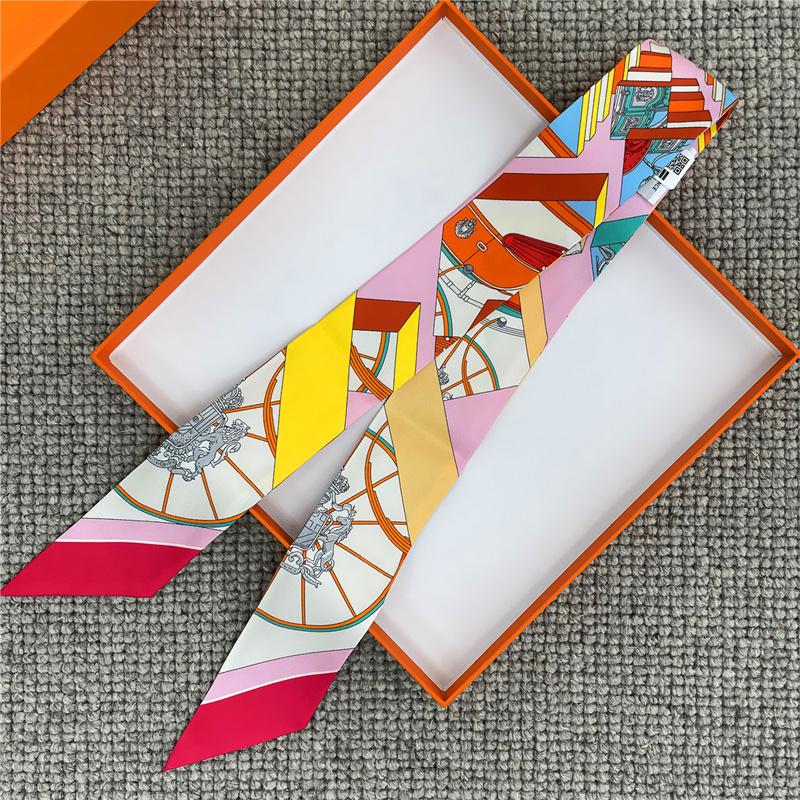 POBING Wheel Print 18m/m Twill Silk Scarves Women Luxury Brand Scarf Bag Ribbons Tie Head Scarf Small Long Skinny Scarf 86*5CM