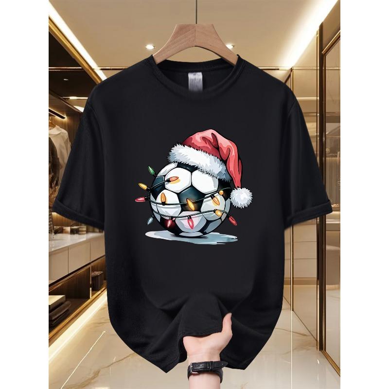 

European Size Men s Graphic T-shirt - Festive Soccer Ball Design, Soft and Breathable,Fiber, Christmas Theme, Crew Neck, Short Sleeve Holiday T-shirt 4XL чорний