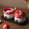 Ceramic Red Mushroom Seasoning Jar Set Kitchen Ceramic Salt Sugar Jar Soy Sauce Vinegar Bottle Home Ceramic Spice Box with Spoon