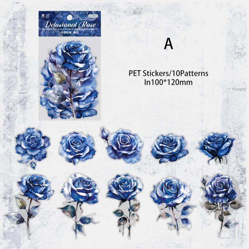 Journamm 10pcs/pack Rose Theme PET Stickers Flowers Stickers DIY Scrapbooking Collage Diary Aesthetics Decor Sticker Stationery