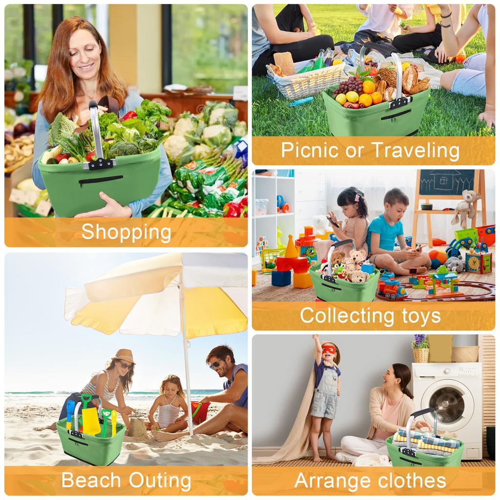 23L Portable Outdoor Picnic Basket 600D Oxford Cloth Home Toiletry Storage Collapsible Shopping Basket for Travel Picnic Shoppin