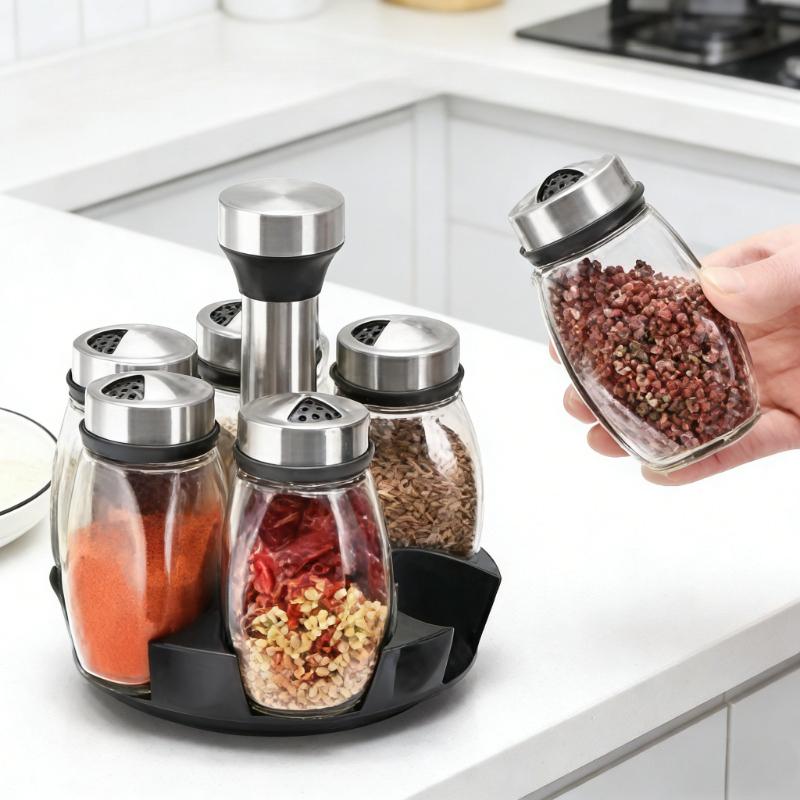 1/7Pcs Kitchen Rotating Glass Spice Jar Set Seasoning Salt Sugar Pepper Shakers Holder Storage Rack Kitchen Organizer