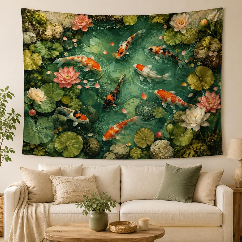 Oriental Koi Fish Lotus Tapestry Green Pond Water Lily Nature Scenery Wall Hanging Zen Feng Shui Bedroom Wall Decor Tapestry
