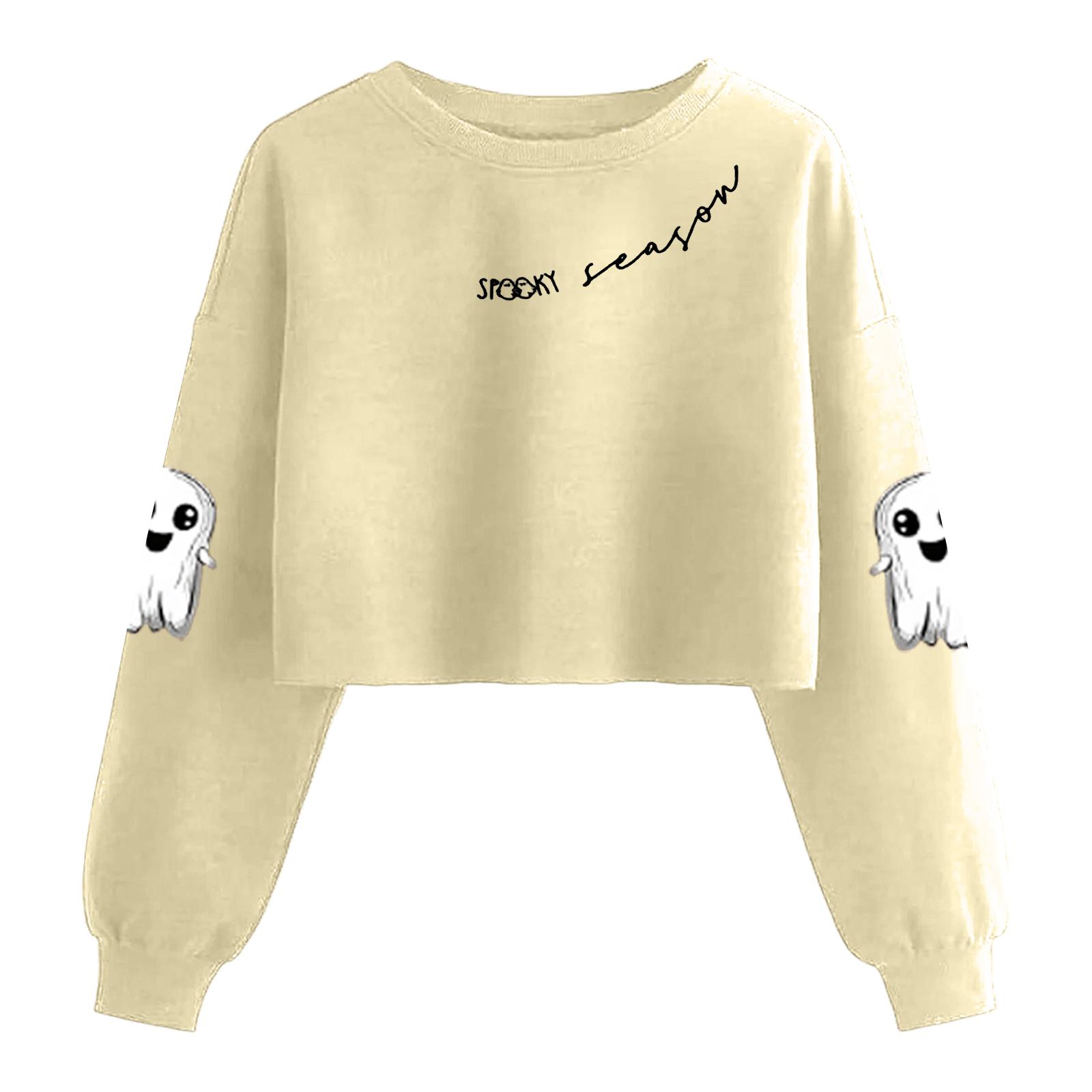 Women s Fashion Halloween Printed Navel-Exposed Long Sleeve Pullover Sweatshirt L