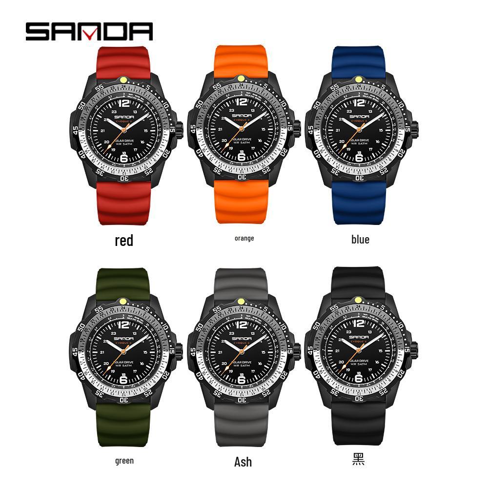 SANDA Solar-Powered Sports Watch: Durable, Waterproof with Long Battery Life and Luminous Quartz Design.