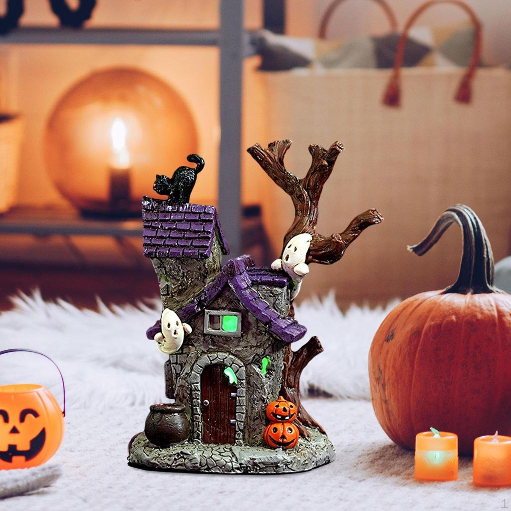 Halloween Village House Statue Scary Figurine Decorative Home Decor Ornament for Desktop Farmhouse