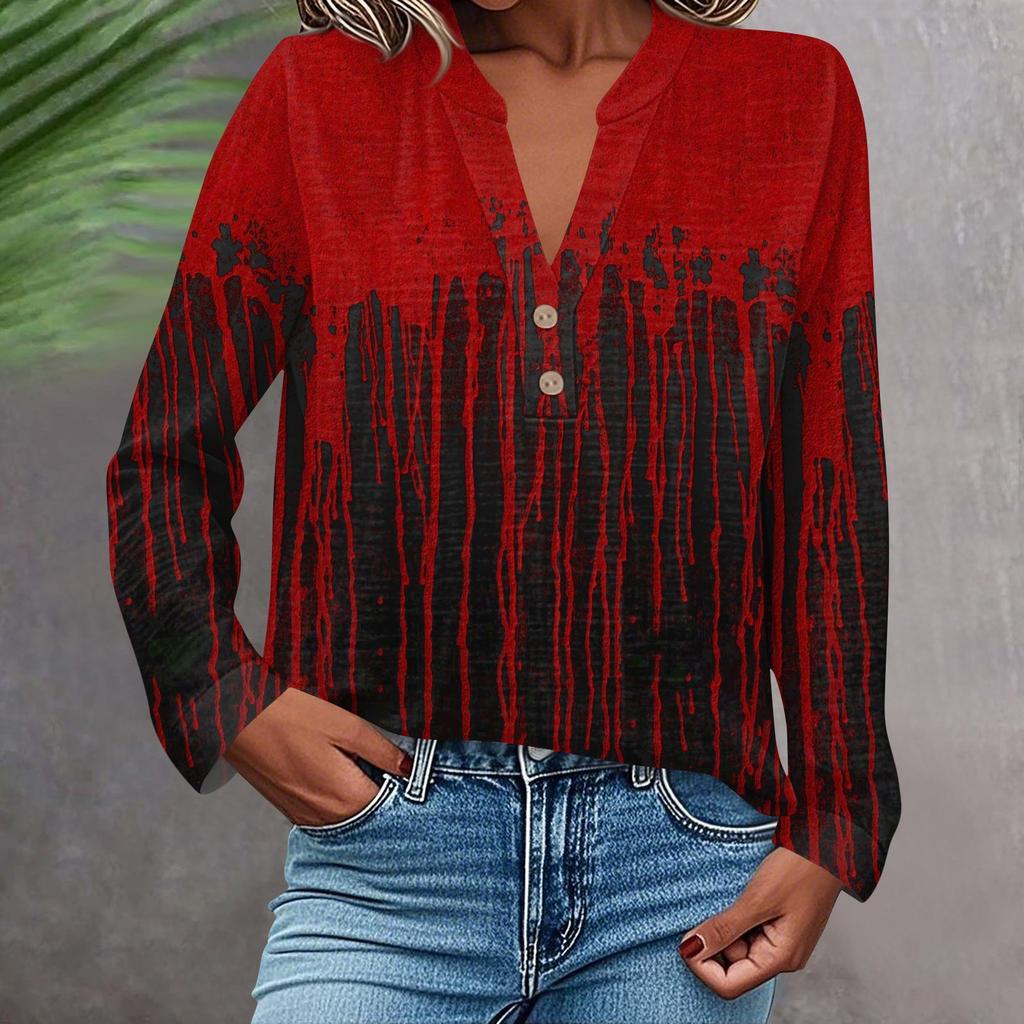 Damen Modisches Und Lässiges Hemd Langarm V-Ausschnitt Knopf Bedruckte Bluse Top