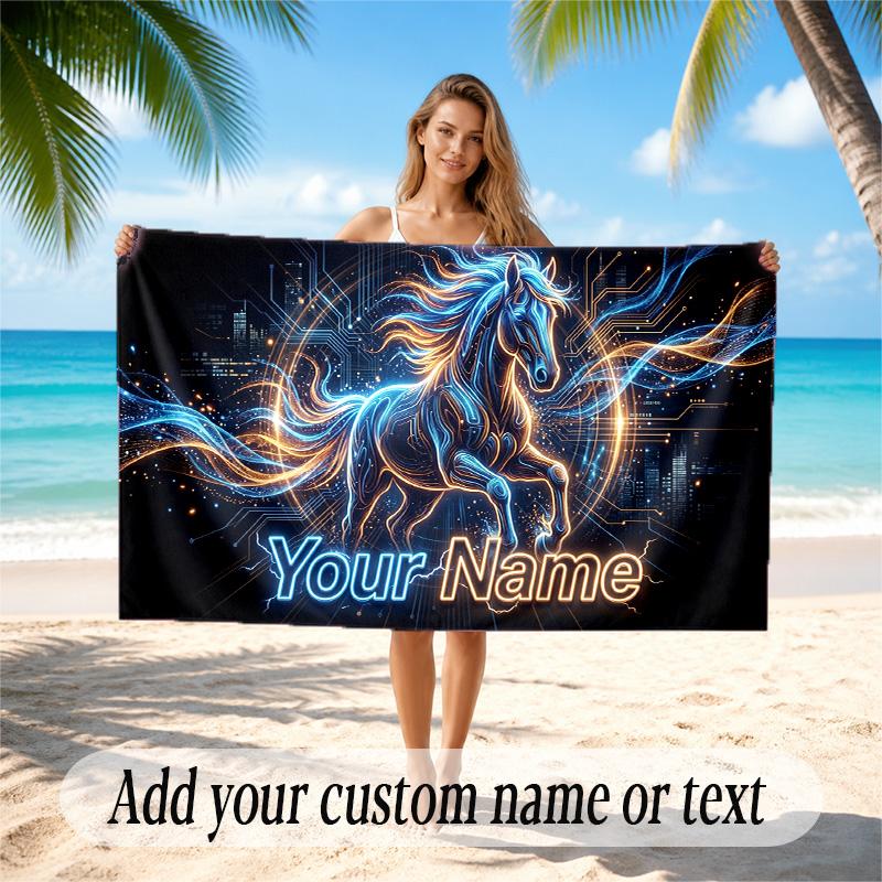 Horse Theme Quick Dry Beach Towel Custom Name Text Print Large Sand Resistant Towel Beach Vacation