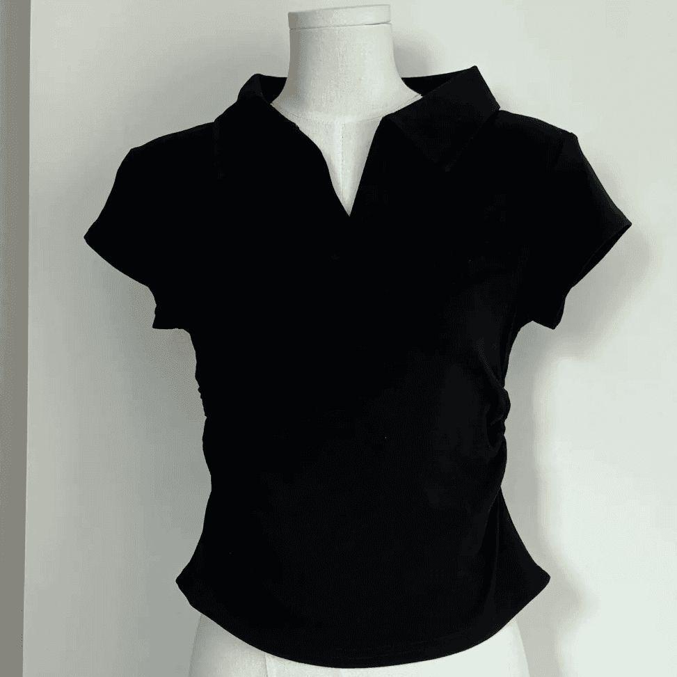 

Летняя футболка Pure Style Slim and Slim Shoulder Lapel с короткими рукавами для женщин, дизайн, маленький топ S