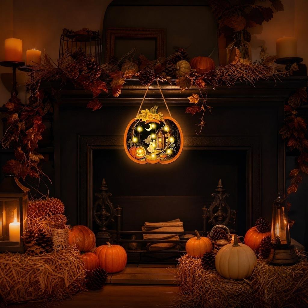 Halloween Wooden Glowing Hanging Sign with Battery Operated Lights for Window Decoration and Display