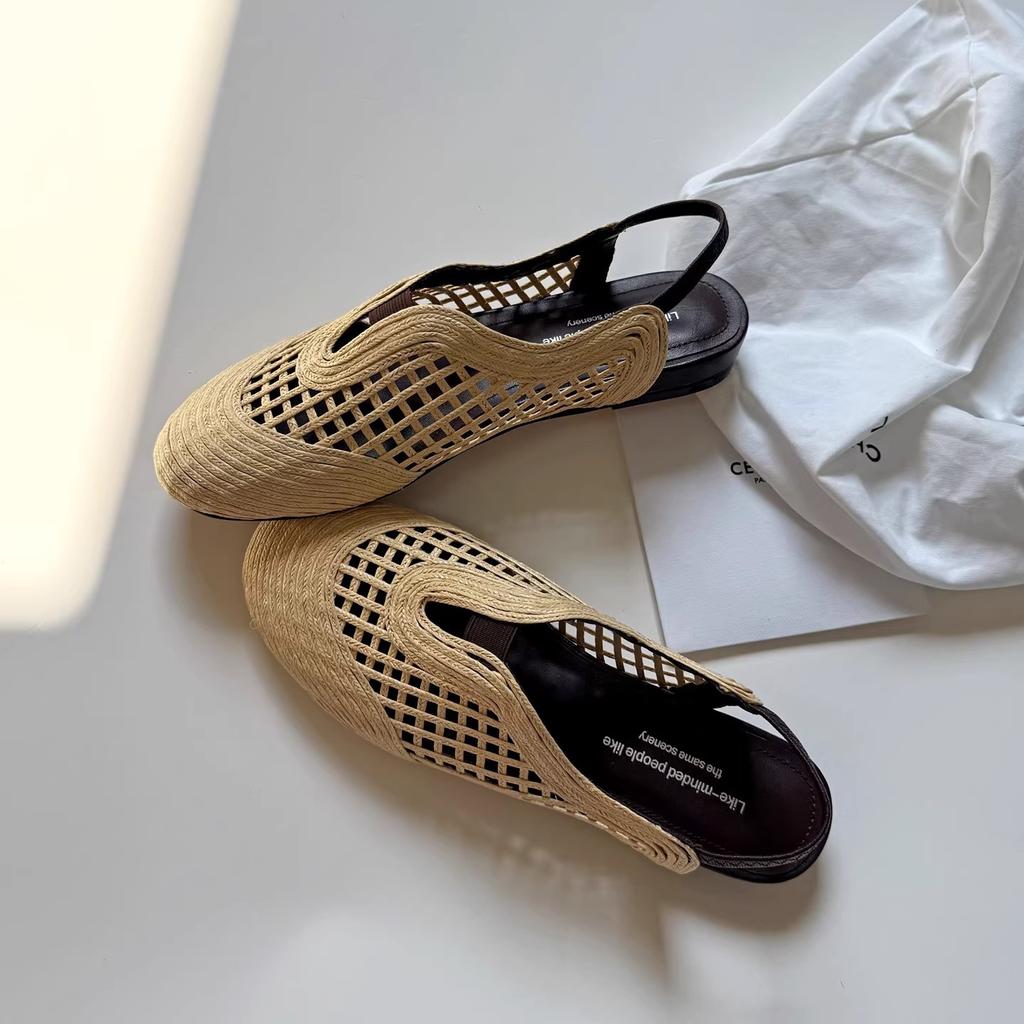 Vacation Wind 2025 Summer Bohemian Woven Mesh Soft Leather Bag Head Elastic After Hollow Flat Women's Sandals Breathable