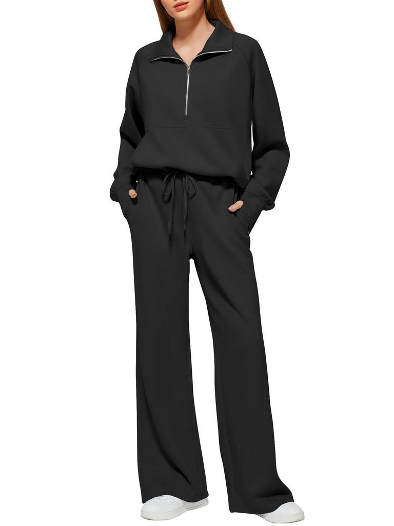Women's Two-Piece Set: Zipper Sweatshirt & Wide-Leg Sweatpants Casual Outfit
