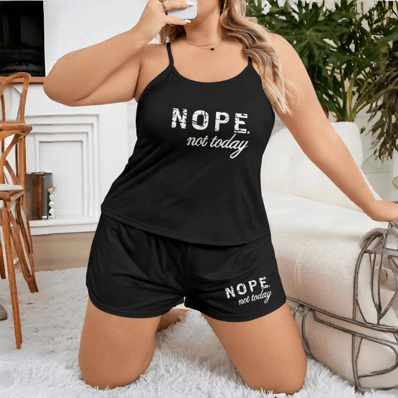 Large Size Women’s Summer Pajama Set Letter Print Cami Top and Shorts Loose Casual Loungewear