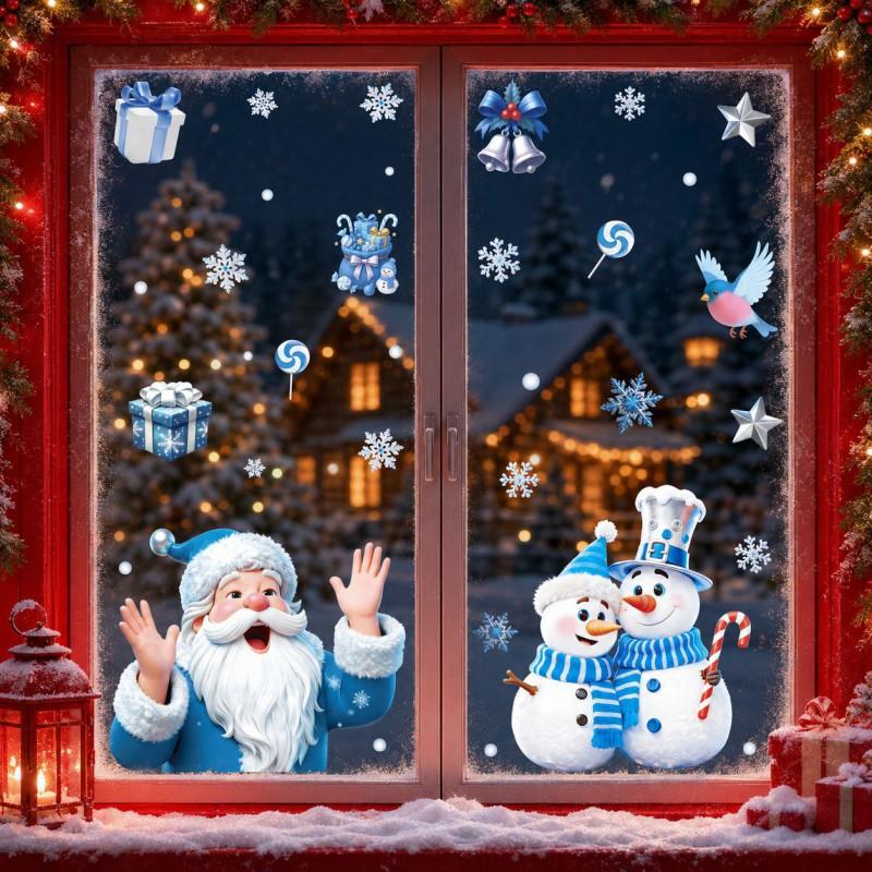 Blue Christmas Window Stickers Snowman Santa Claus Decals Winter Holiday Decorations