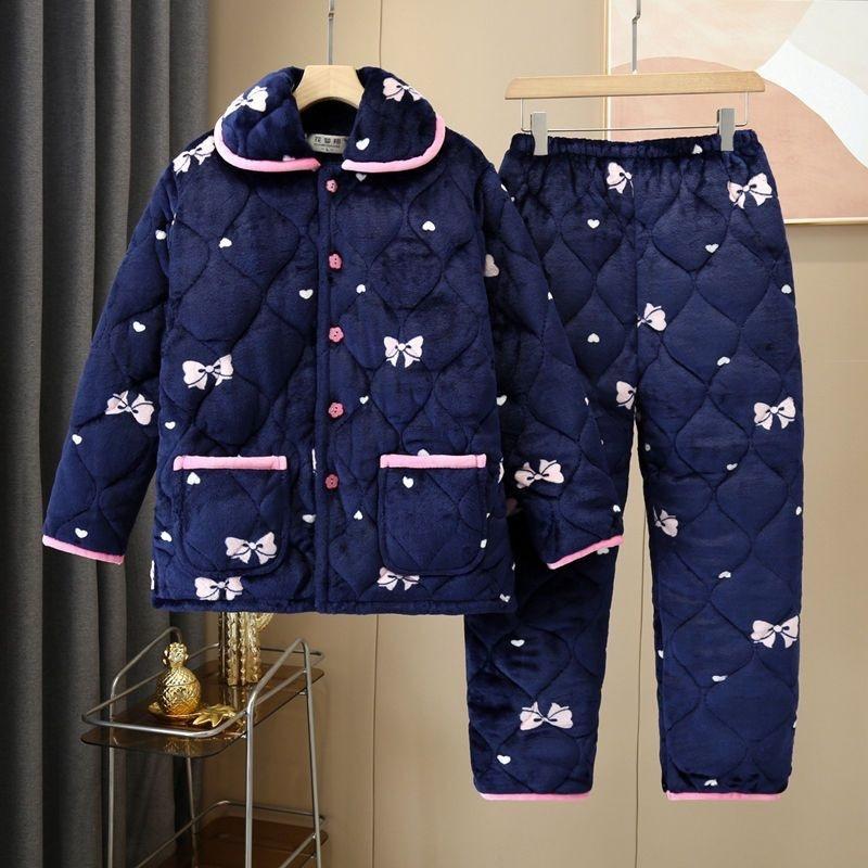 Thickened pajamas women's winter three-layer coral fleece padded cotton can be worn outside, plus sweet loungewear set