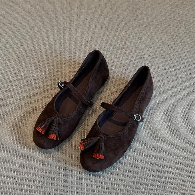 

Sheepskin version~ Genuine leather retro suede one-word buckle tassel Mary Jane shoes women s versatile ballet flat-bottomed shallow mouth single sh 35