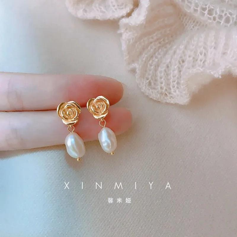 Women Gold Irregular Freshwater Pearl Drop Earrings Elegant French Long Dangle Statement Jewelry