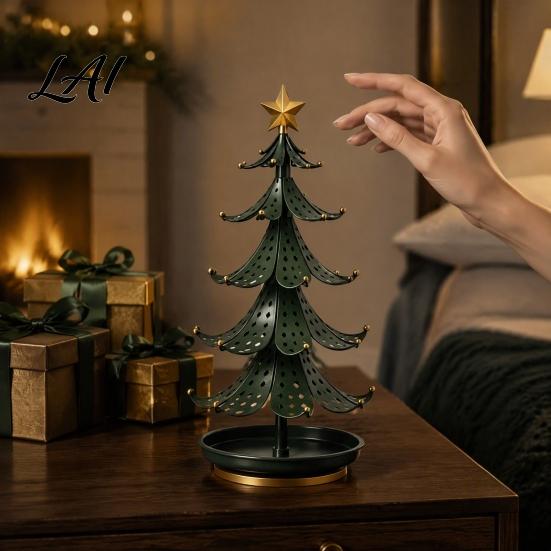 Holiday Tabletop Decor Christmas Tree Jewelry Stand 360 Degree Rotating Base Metal Earring Display Stand Rack Dark Green Tray for Necklaces