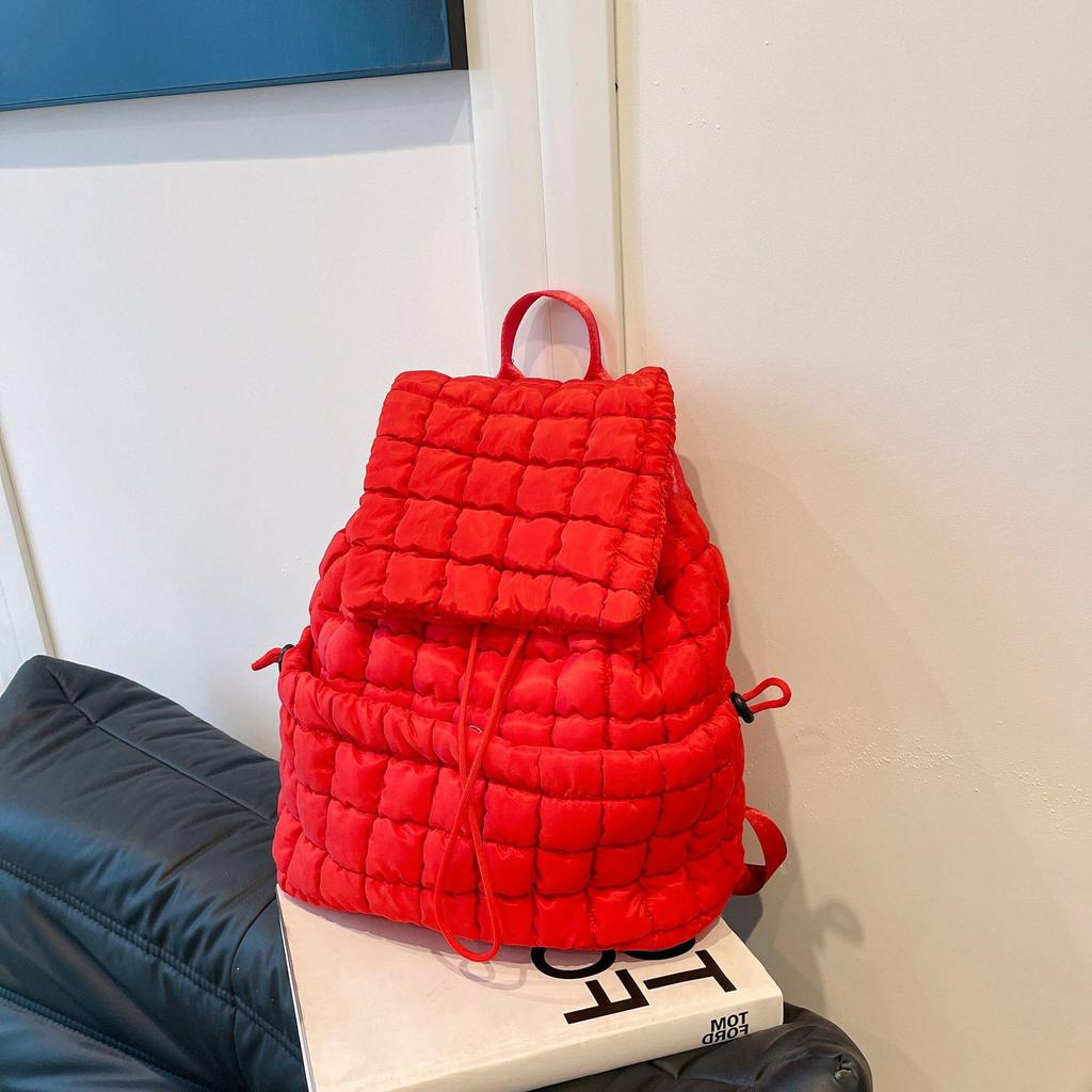 Schoolbag Down Backpack Women's New Commuter Travel Large Capacity Backpack Light Fluffy Plaid Casual Korean Bag