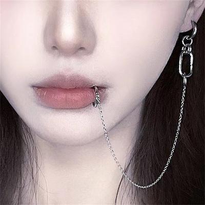 Cool Style Fake Piercing Lip Clip Earring Punk Chain Linked Earrings Hinged Lip Ring For Women Men  Jewelry Accessories