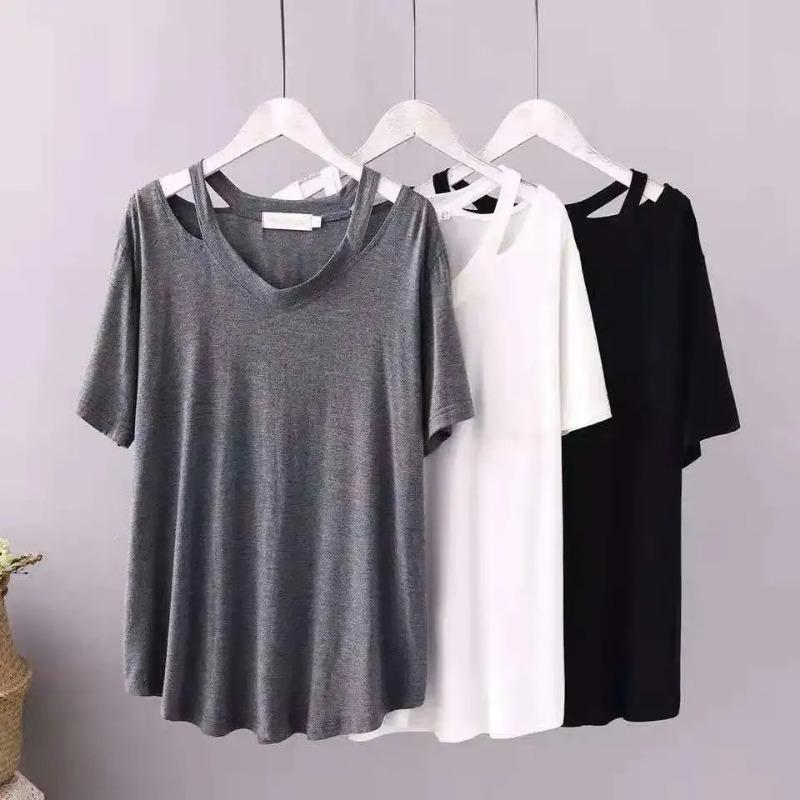 T-shirt Women Versatile Summer Casual Large Size Loose Off-shoulder Pullover Short-sleeved Tops