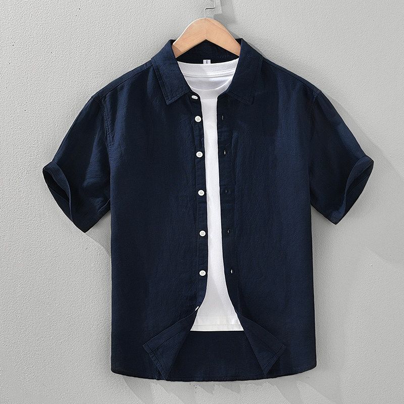 Foreign Trade Surplus Summer New Solid Color Linen Short-Sleeve Shirt for Men, Loose Casual Shirt, Lyocell Ice Silk Top