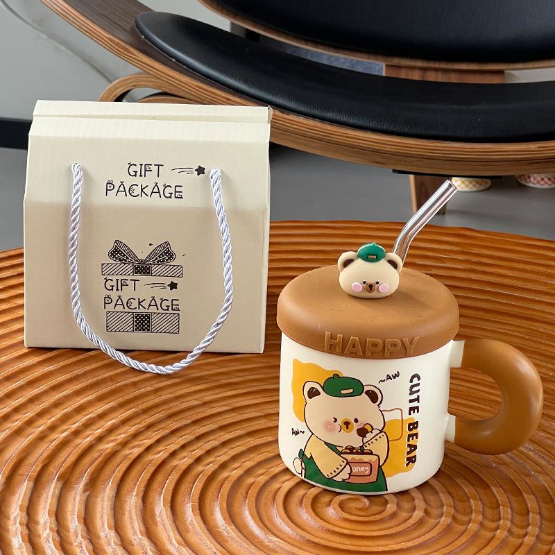 Cute Ceramic Cup With Lid Household Cartoon Couple Water Cup Gift Box High Value Souvenir Creative