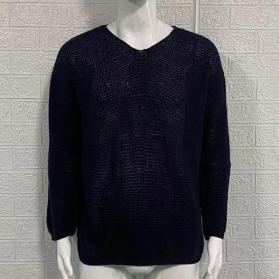 Spring Autumn Men Pullover Sweater V-Neck Long Sleeve Solid Color Knitted Tops Hollow