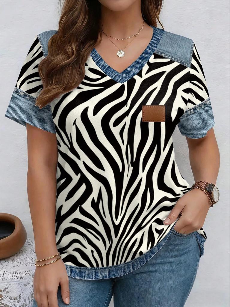 Hot-selling Women's Clothing Splicing Denim 3D Printing Short-sleeved V-neck T-shirt Summer Fashion New Large-size Women's Clothing Top