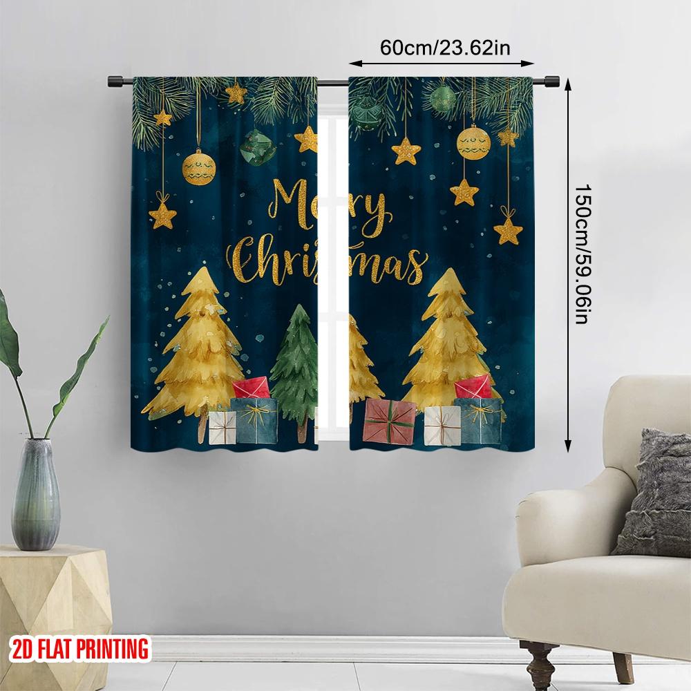 2 Stück, 2D-Flachdruck Druckvorhänge Weihnachtskiefern Vielseitiger Stoff (ohne Stange) Ganzjahresnutzung für Wohnzimmer,