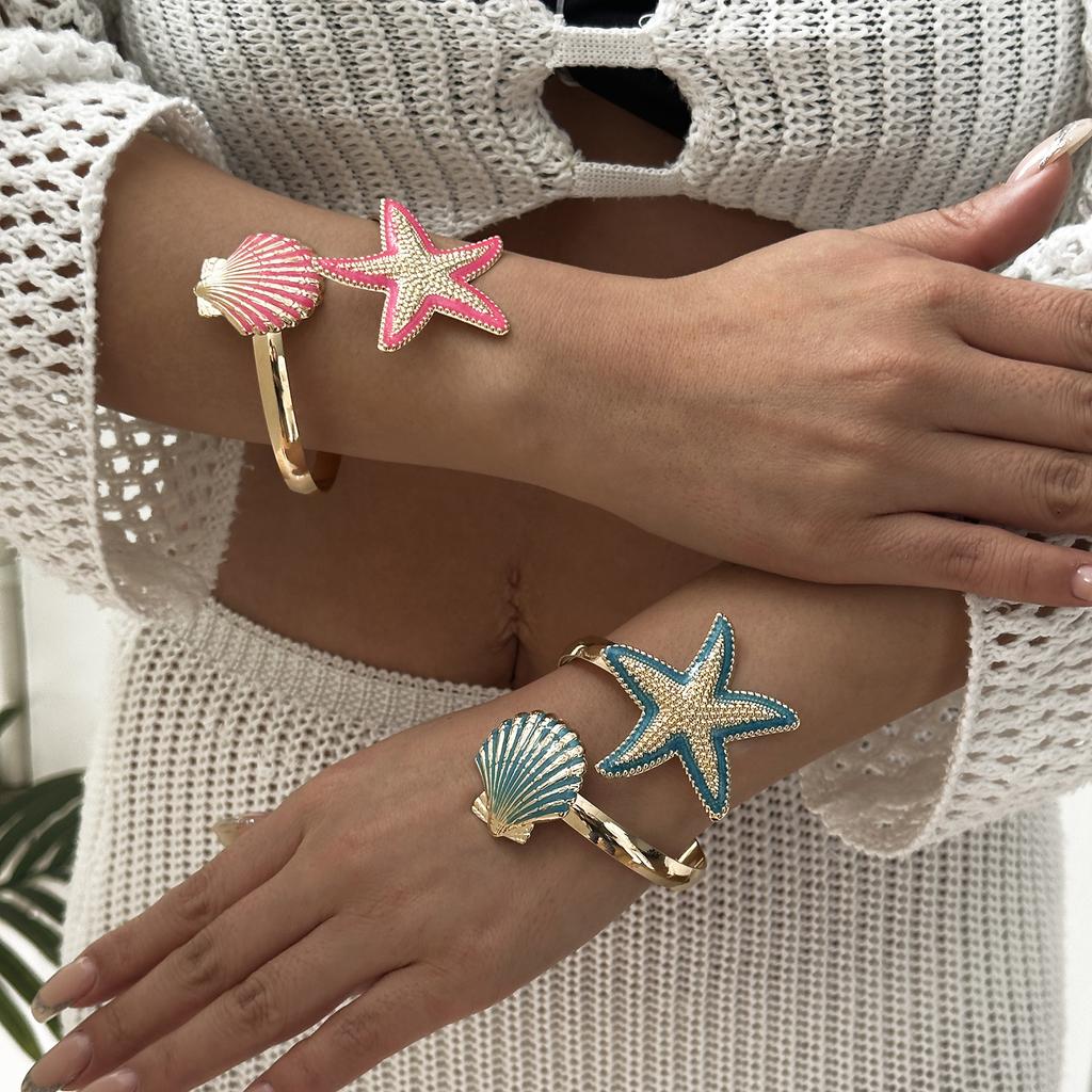 Exaggerated Starfish Shell Open Bracelet for Women Trendy Gold Color Metal Blue Enamel Marine Bracelet Beach Vacation Jewelry