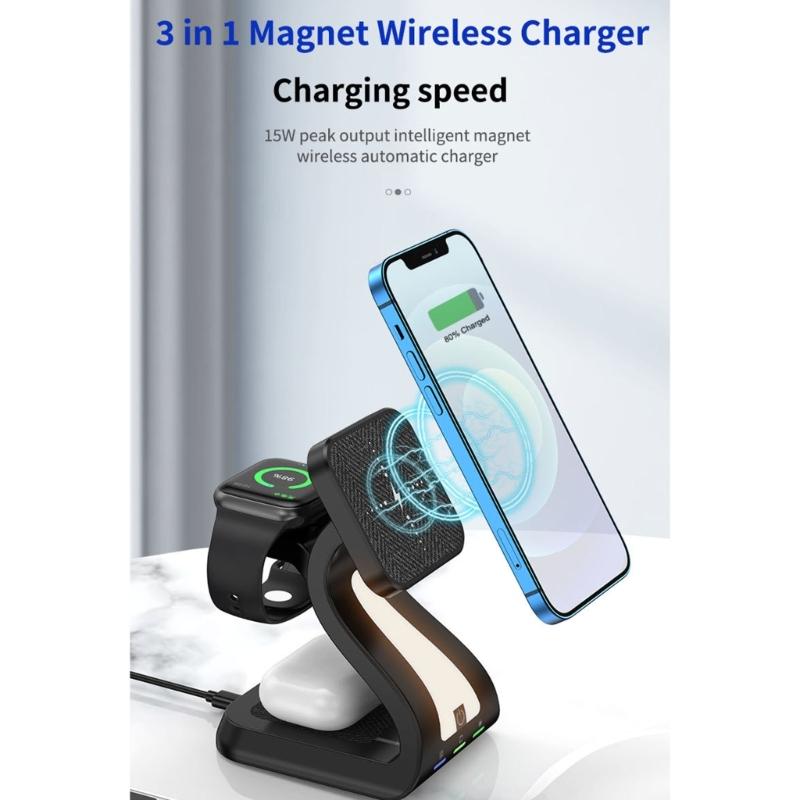 Magnetic Wireless Charging Station ABS Texture Suitable for Phone Watch Earphone Fast 15W Charging Built In Night Light