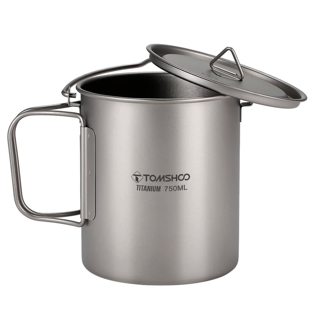 TOMSHOO Ultralight 750ml Titanium Pot Portable Titanium Water Mug Cup with Lid and Foldable Handle Outdoor Camping Cooking