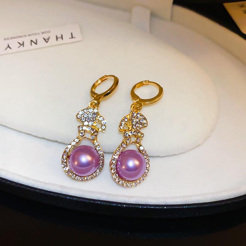 Super Flash Diamond Purple Flower Pearl Stud Earrings French Earrings