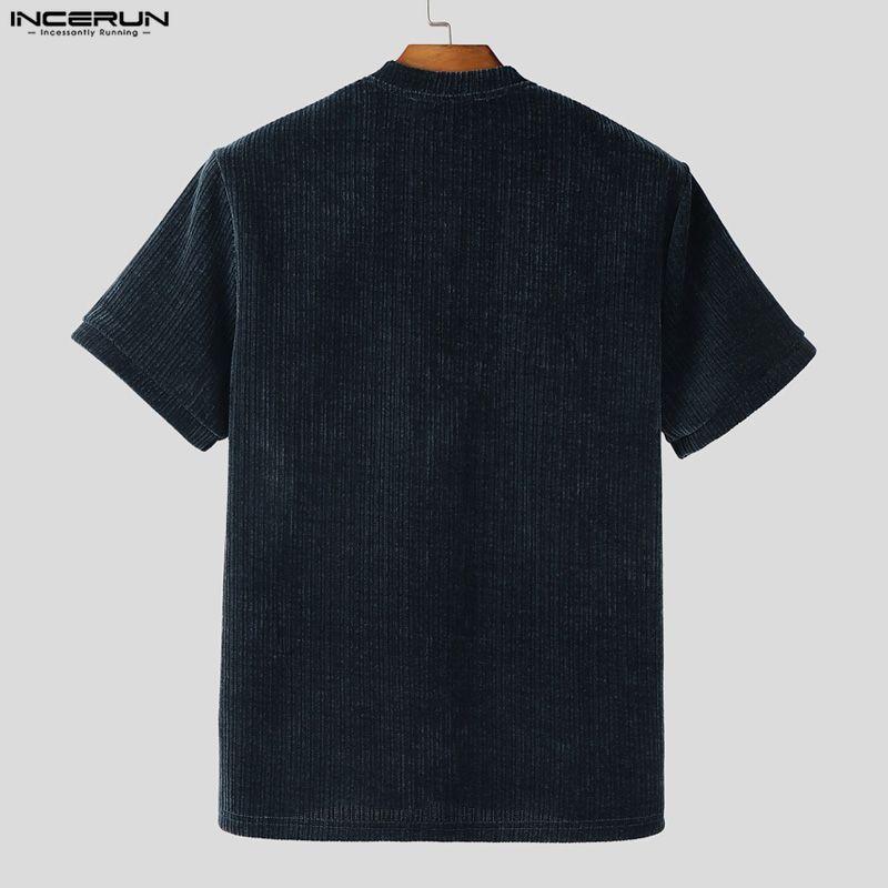 INCERUN Men Zip-up Neck Short Sleeve Texture Rib Casual T-Shirts Tops