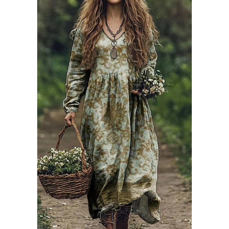 

DAFIFY Женская мода Весна Осень Цветочный принт Длинный рукав V-образный вырез Свободная талия Повседневные платья XL