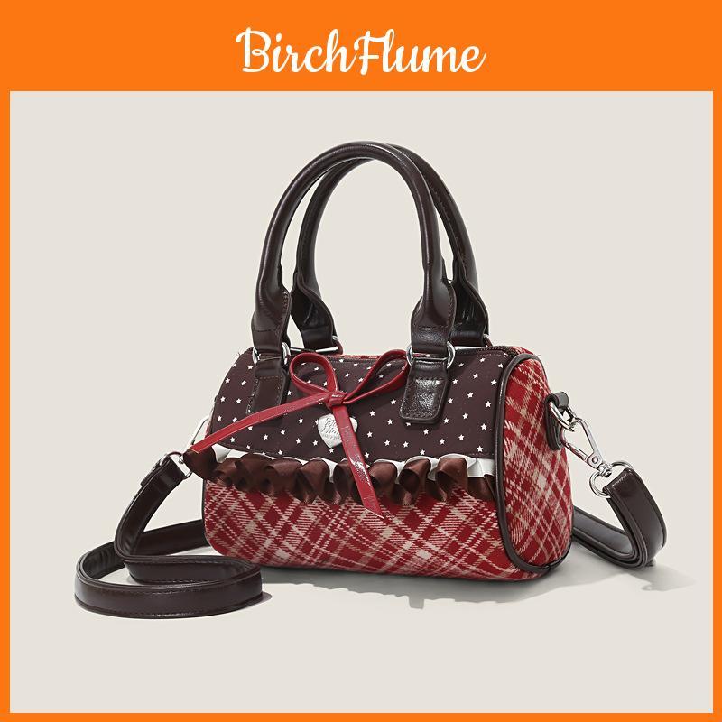 Canvas Small Square Bag With Red Plaid Patchwork For Daily Casual Wear