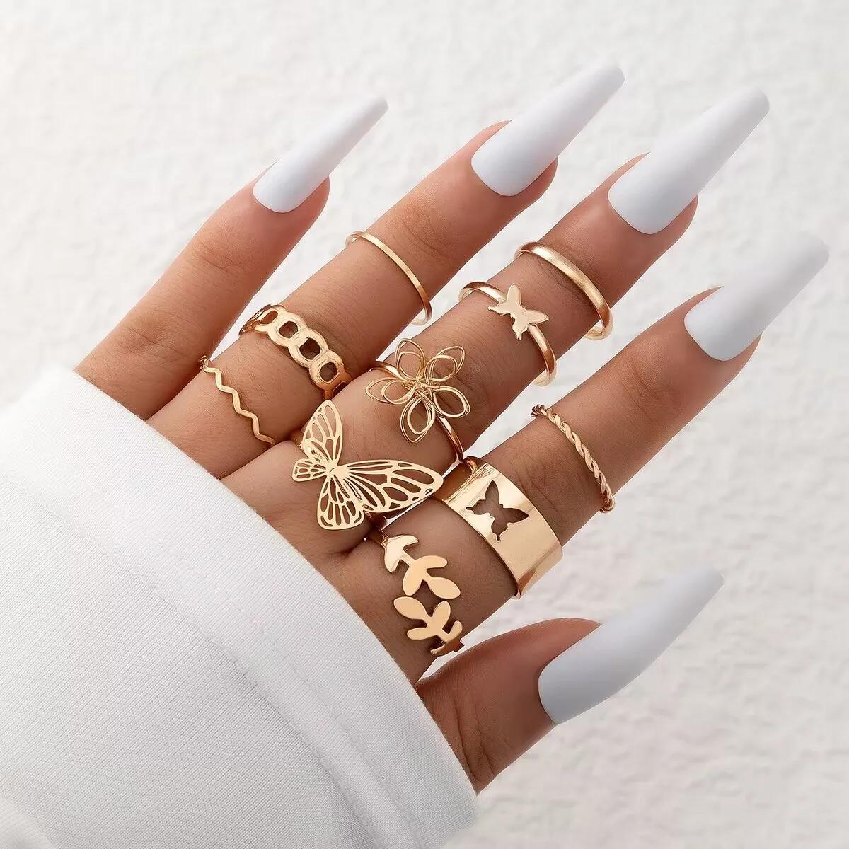 

New Unique Design Liquid State Lava Flower Open Mouth Rings for Wonen Baroque Pearl Combination Ring Six-Piece Rings Set Zircon