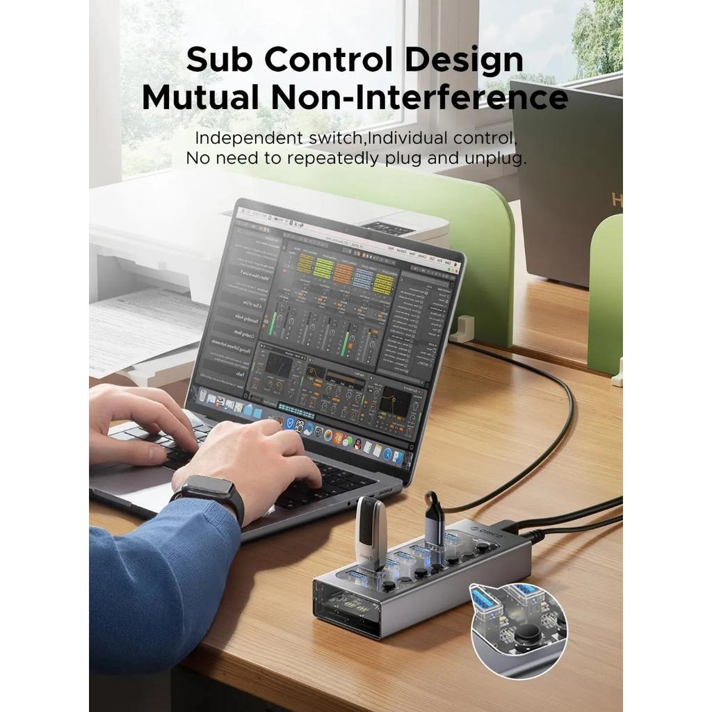 ORICO USB3.0 Hub Aluminum Industrial 7-Port Splitter Split Switch with 12v Power Adapter for Macbook Mobile Phone Tablets