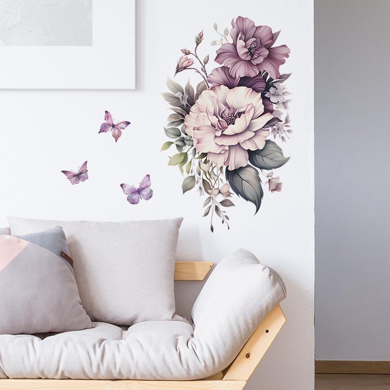 Purple Flowers Butterfly Wall Stickers Living Room Bedroom Background Decor Mural Bathroom Home Decoration Self-adhesive Decals