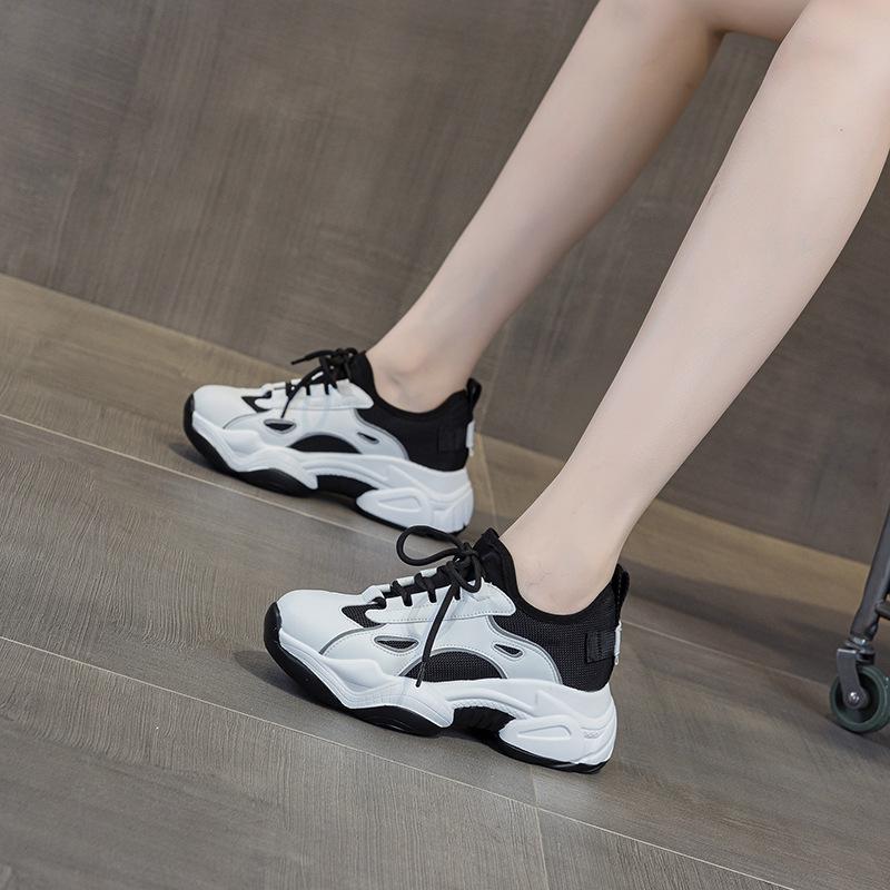 Fashion 5.5CM Air Mesh Synthetic Genuine Leather Women Vulcanize Hollow Summer Chunky Sneakers Summer Platform Wedge Flats Shoes