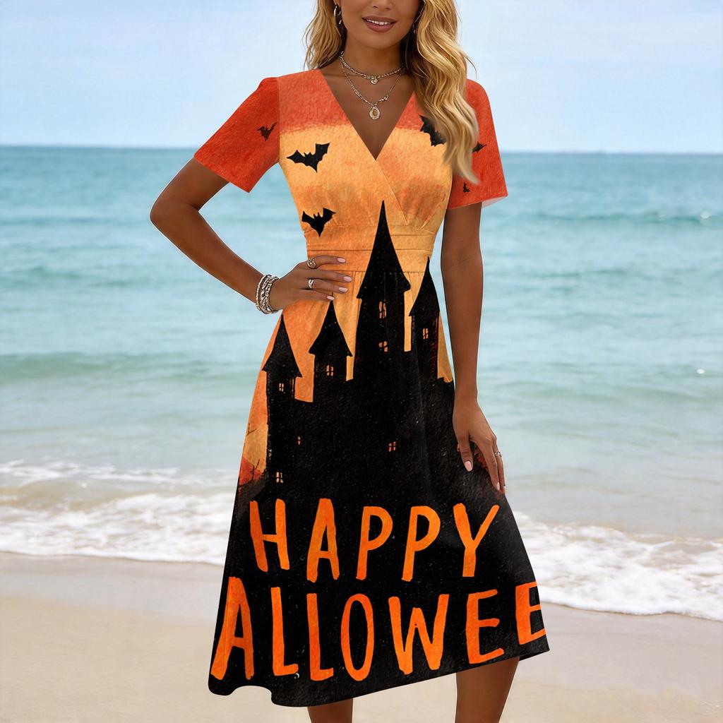 Women's Casual V Neck Short Sleeve Dress Halloween Ghost Print Knee Length Dress Lightweight Comfortable Fit for Everyday Wear