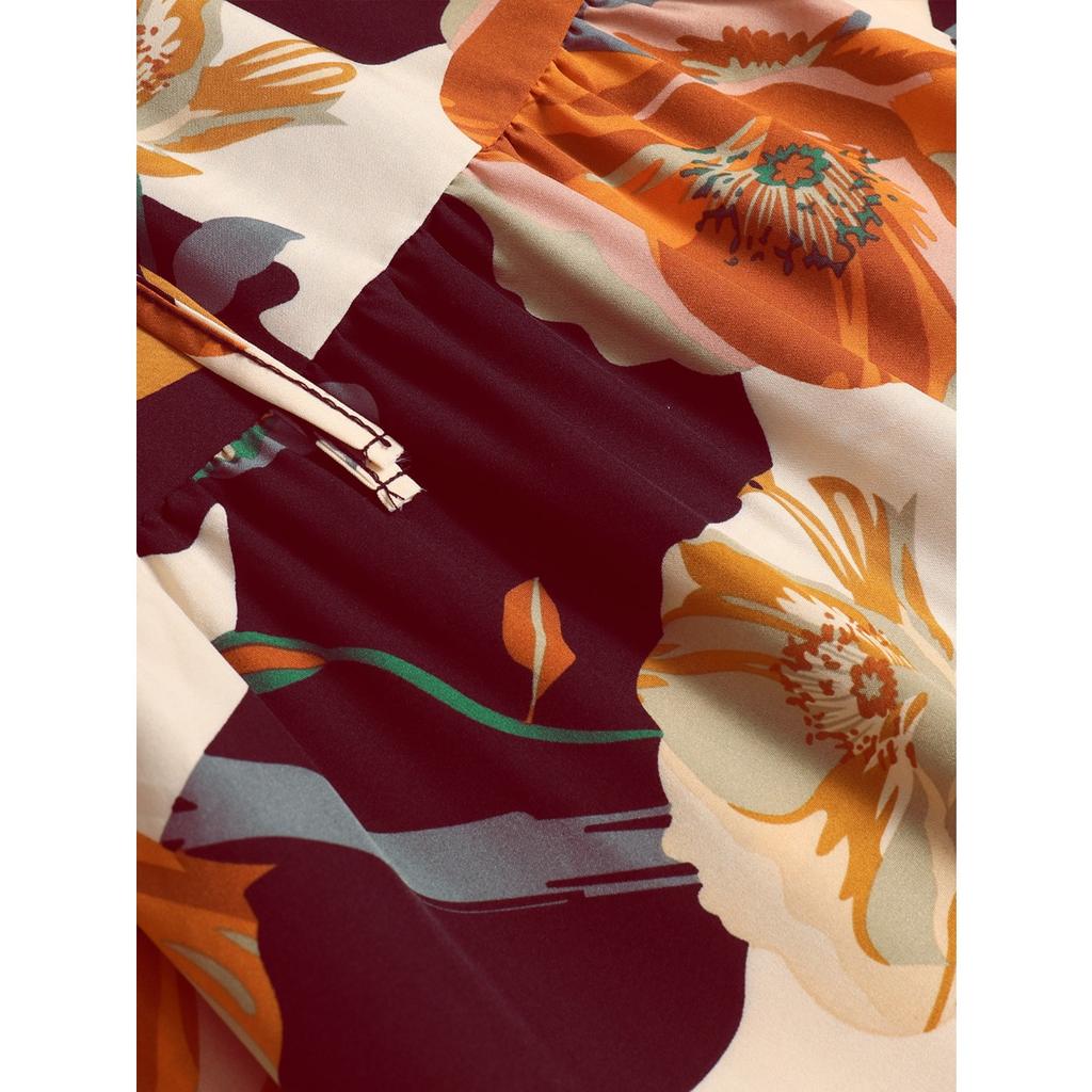 A-line Skirt, Pleated Skirt, Floral Print, Elastic Waist, Midi Skirt