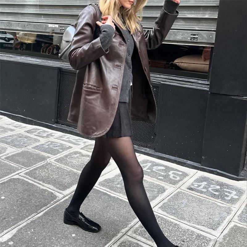 Vintage kožená dámská bunda s rozepínací límec jednořadové bundy Jednobarevné Móda Ženy Kabát Podzim Nové Dámské Kabáty