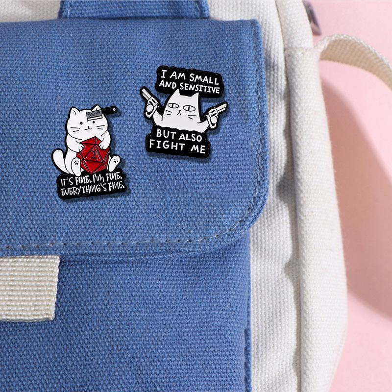 Cartoon 12-sided dice cat brooch in danger English letters clothes bag accessories badge