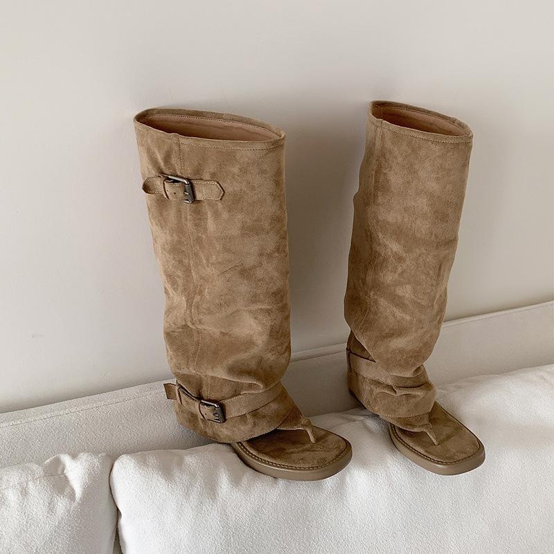 Spot~ Open-toed flip-flops summer cool boots square head flat bottom inner heightening pile boots western cowboy boots